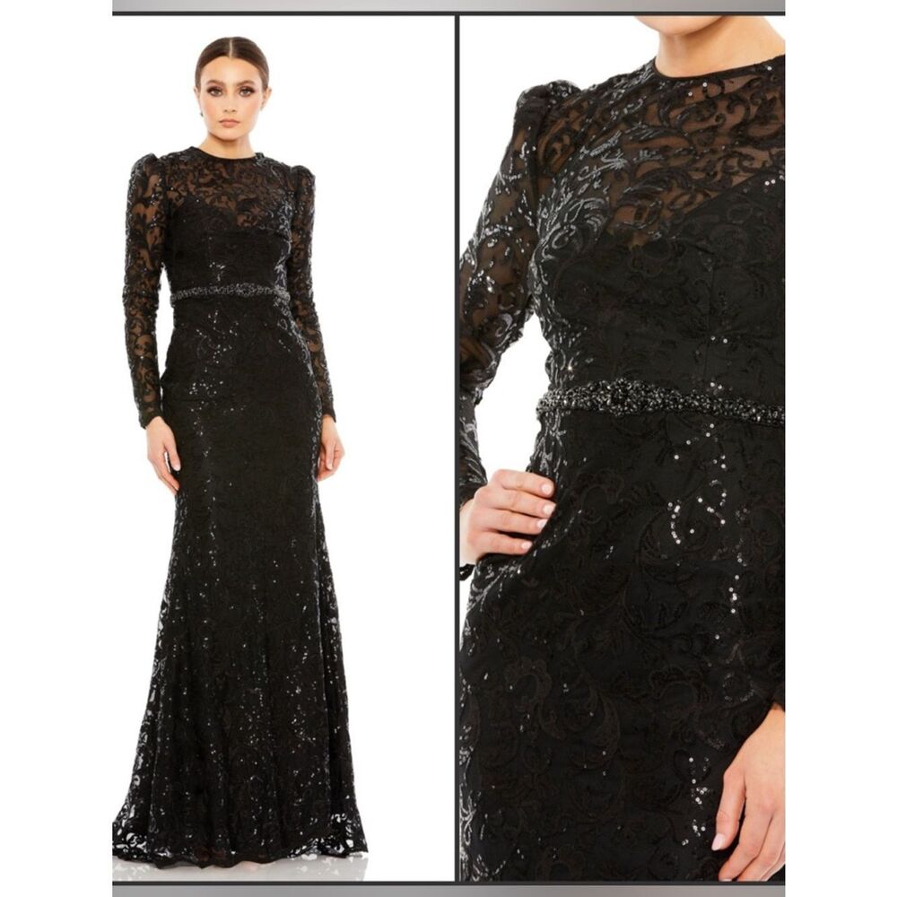 NWT Mac Duggal 68011 Black Embellished High Neck Long Sleeve Gown Size 24
